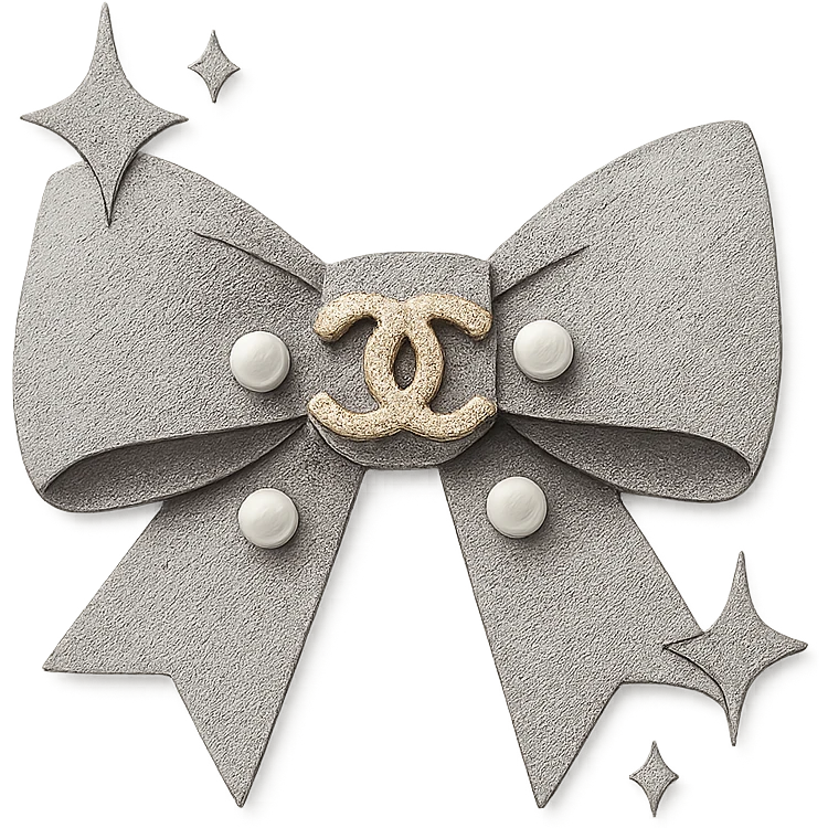 elegant bow with pearls and gold Chanel logo, sparkling effects, glossy, monochrome emoji