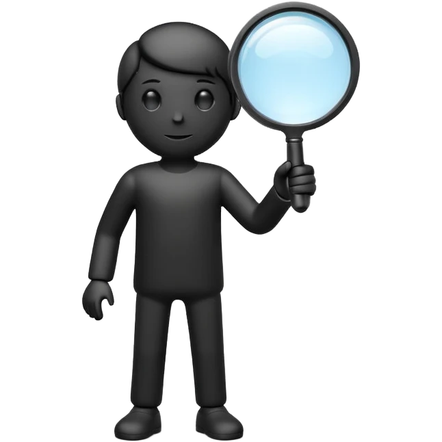 3D icon of a minimal human silhouette holding a magnifying glass, exploration concept, simple geometric form, modern UI style, single object, soft lighting, isolated, no background emoji