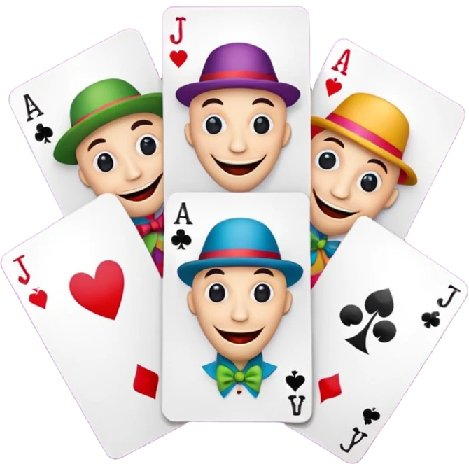 3 poker cards, with crazy colorful human jolly jokers inside, puppets in the hand emoji