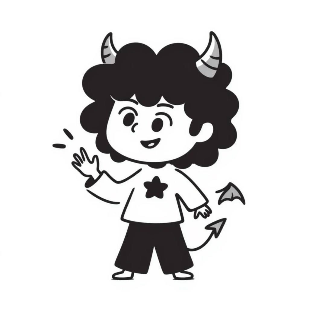 sketched chibi demon with oversized head, tiny fangs, and cute little wings in a playful pose emoji