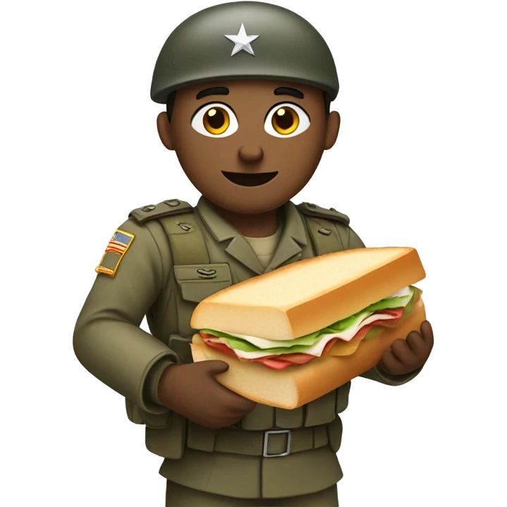 White Army soldier with blue eyes and brown hair holding a sandwhich and a bible emoji