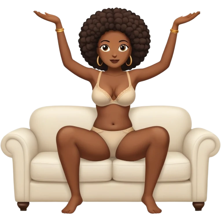fullbody realistic busty black African  topless buxom in undies sitting on couch in comfy missionary pose holding her legs up  sfw emoji