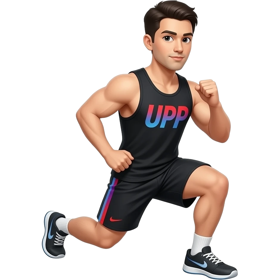 no check marks on: guy-wearing- black-tank-top-and-black-shorts-doing-lunge-with-"UPP" written on both shirt and shorts/thigh- in blue - red - purple gradient emoji
