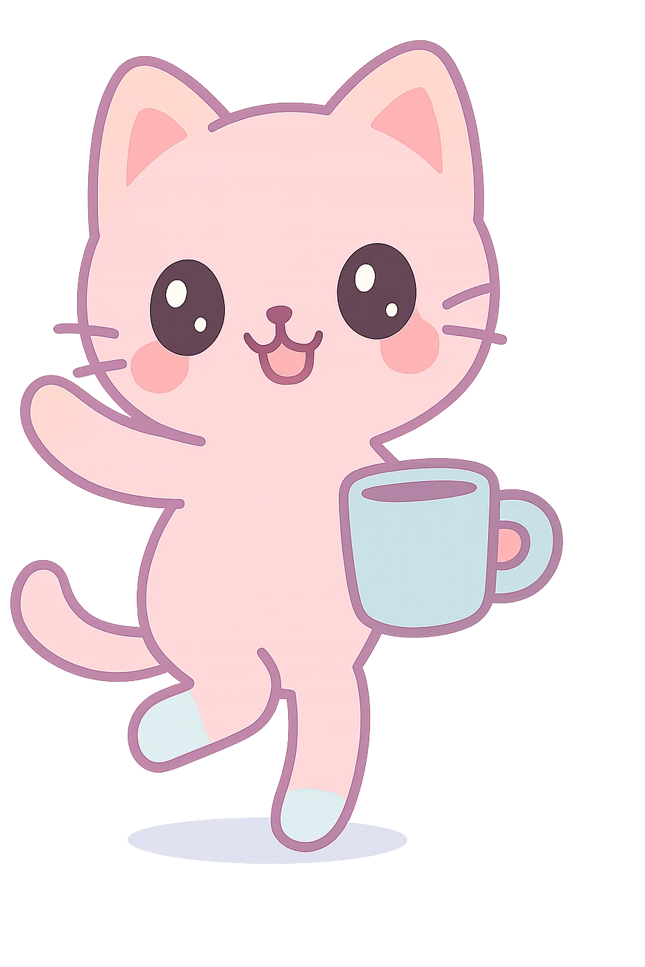 kawaii style anthropomorphic cat dancing with a coffee mug emoji