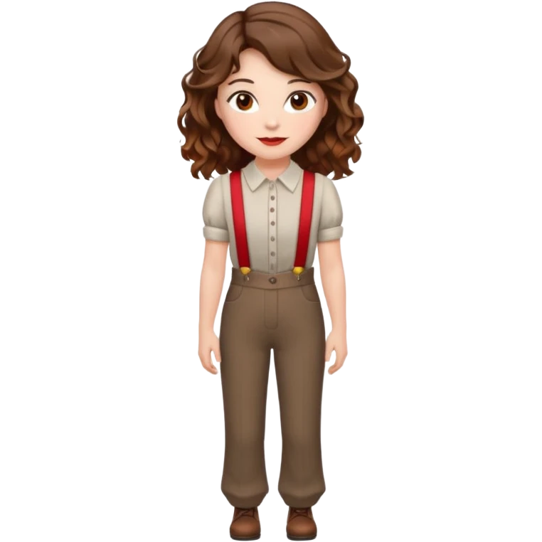 Woman with wavy brown hair and hazel eyes wearing dress pants with red suspenders emoji