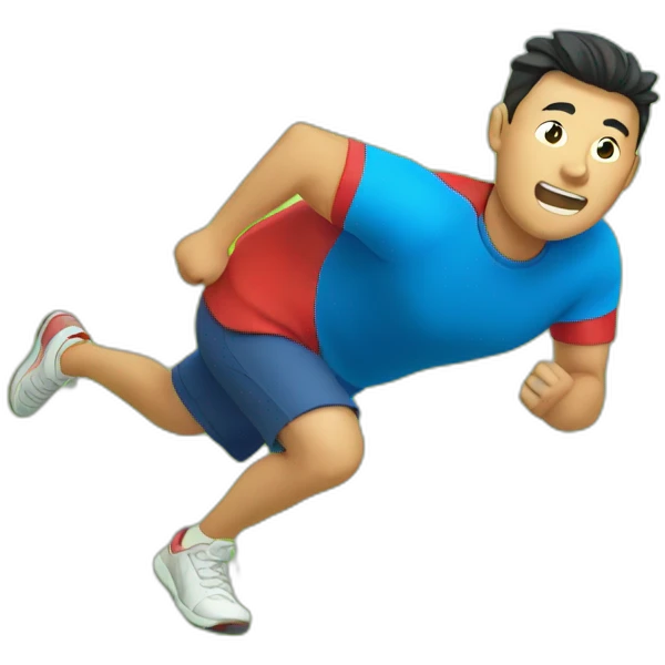 an asian man with red shirt and blue short running fast on grass land emoji