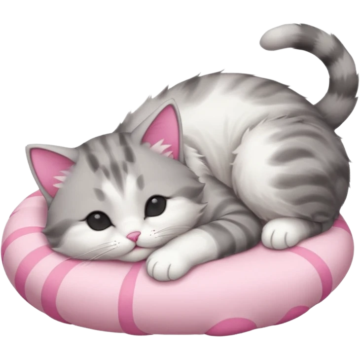 grey and white small cat with eyes closed lying down upside down with its head resting on its curled paw emoji