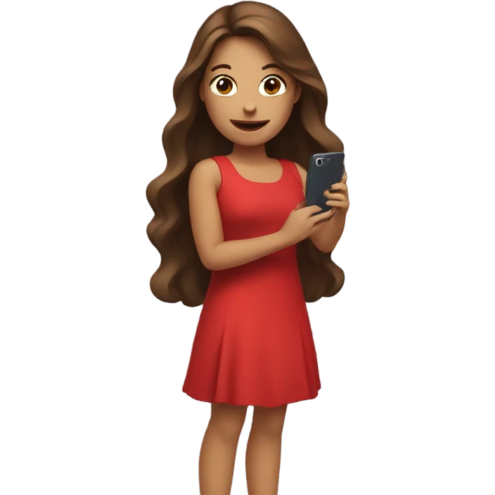 a white girl with log brown hair in a red dress holding a cell phone showing it emoji