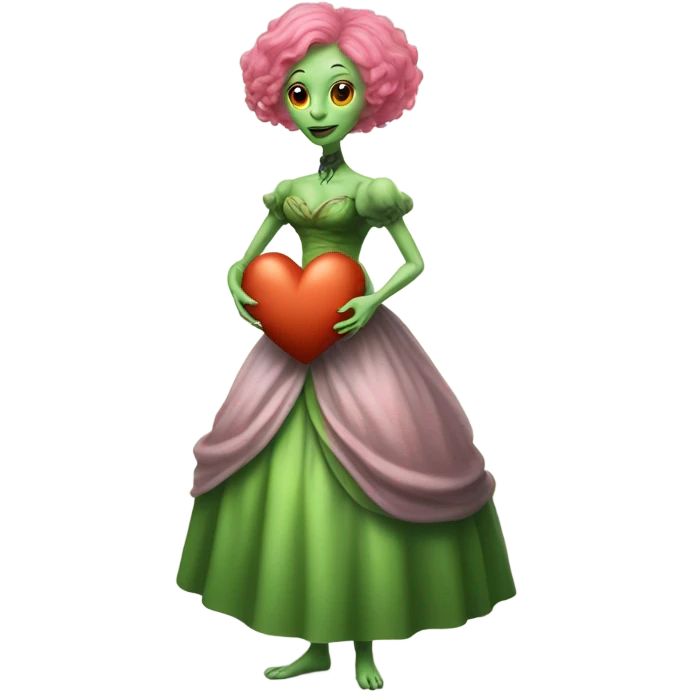 a green alien woman in Victorian orange dress, pink hair,holdig, red big hearth, full body emoji