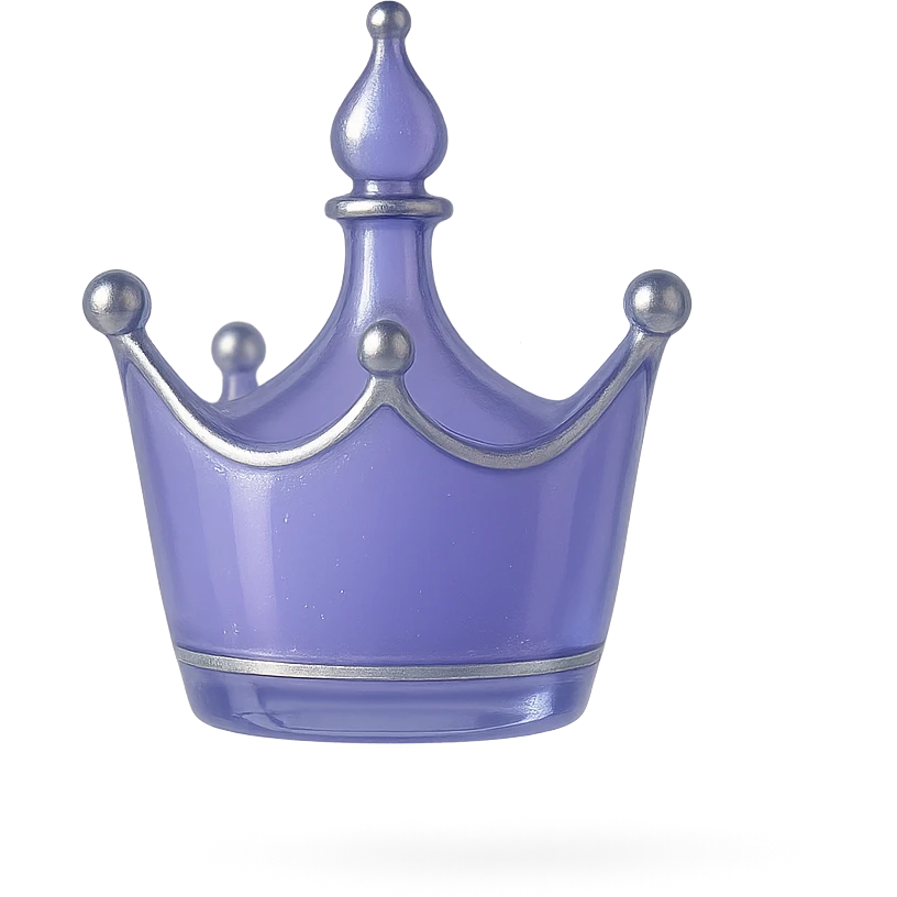 minimalist but luxurious small elixir bottle in crown shape, color #7986cb, subtle elegant silver or iridescent details, soft magical glow, very small neck, seamless bottom, transparent background, bottle floating in air, no base or shadow, modern, matching luxurious magical collection style emoji