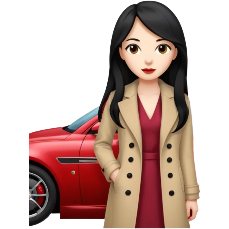 A fast, expensive black car with a young woman beside it The young woman has long black hair, wears a beige formal coat, and underneath is a cherry-colored dress.   emoji