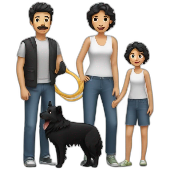 Family with a man a woman with long black hay ana a small black border collie emoji