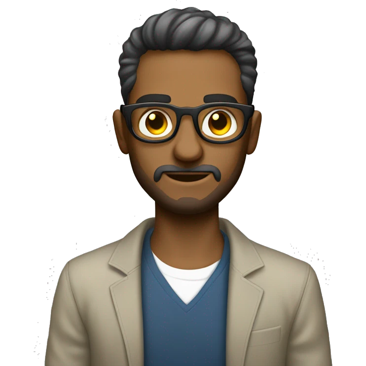 hombre con pelo atado, lentes circulares y barba, vestido con ropa urbana emoji
