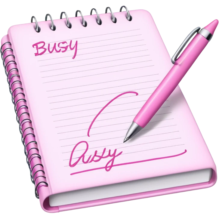 pink book and note pen add on it the word BUSY emoji