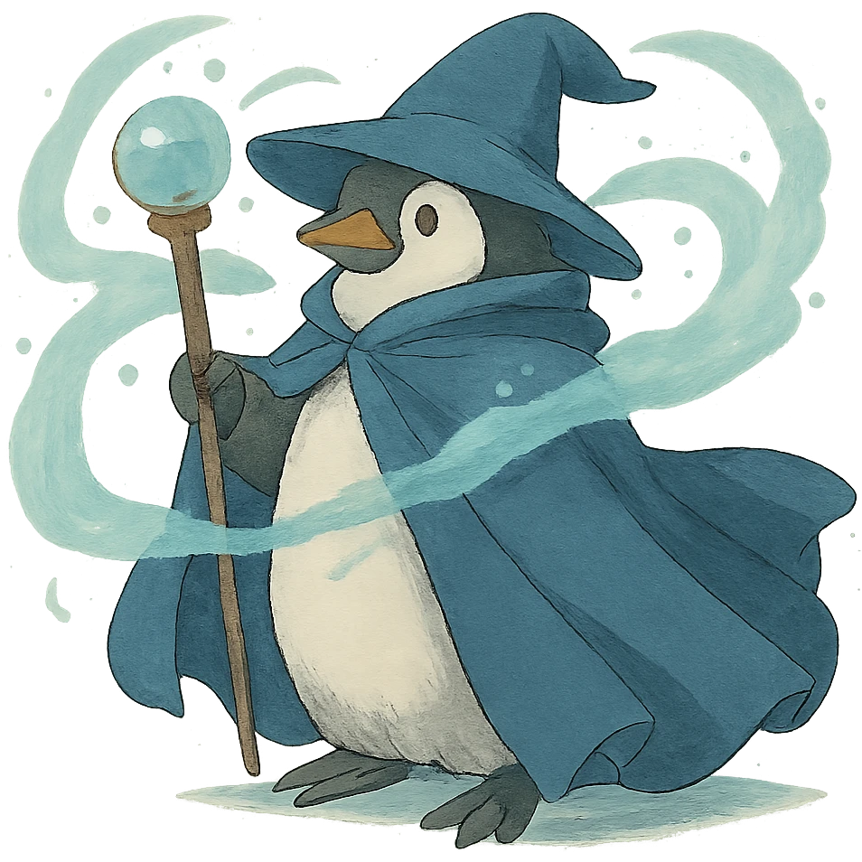 penguin wizard with a flowing cloak and magical aura emoji