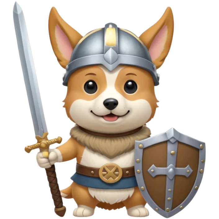 corgi with viking helmet and sword behind emoji