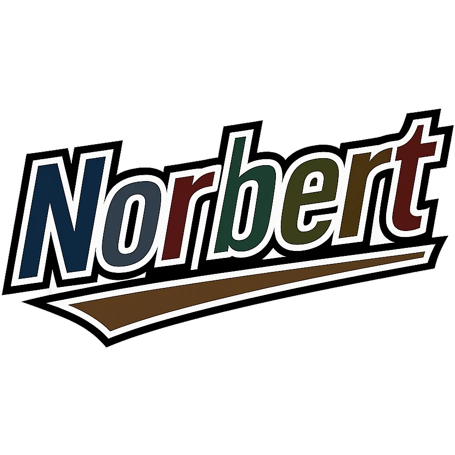 Norbert name in masculine, modern, gradient font with precise Hungarian characters, dark outline, extra thick, prominent white letter frame as in sample images, dynamic slanted underline, masculine color shades (blue, gray, burgundy, green, brown), 1000x1000 px, PNG, transparent background emoji
