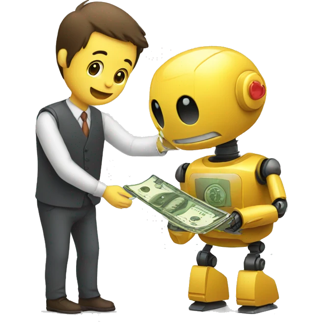 man giving money to cute robot emoji