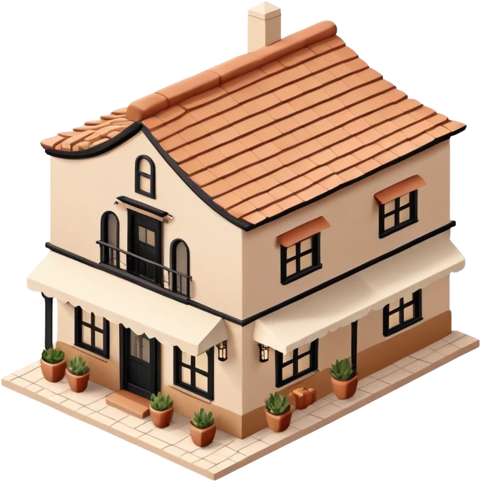 Isometric exterior little black, beige, and white southwestern restaurant, dollhouse style 3D realistic  emoji