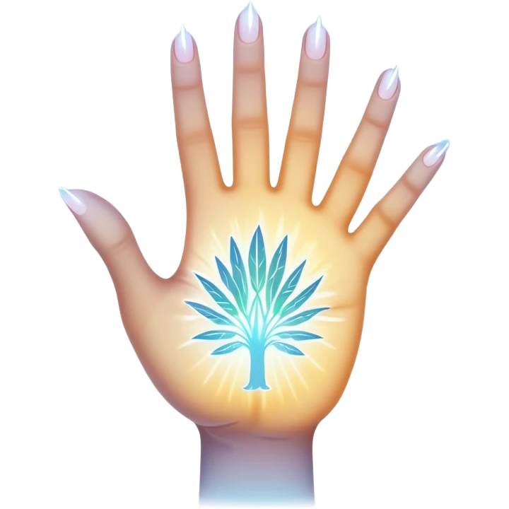 ethereal glowing hand with intricate symbolic palm lines, radiating mystical energy emoji