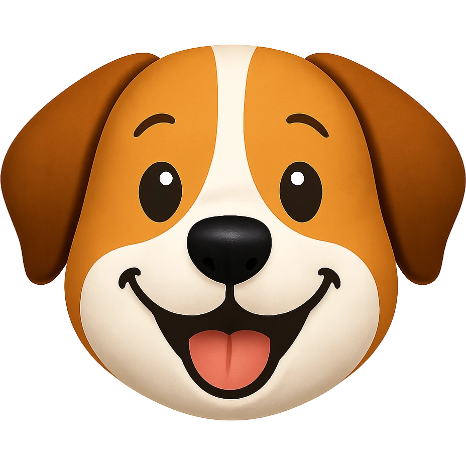 animal emoji, smiling dog face, brown and white, friendly emoji
