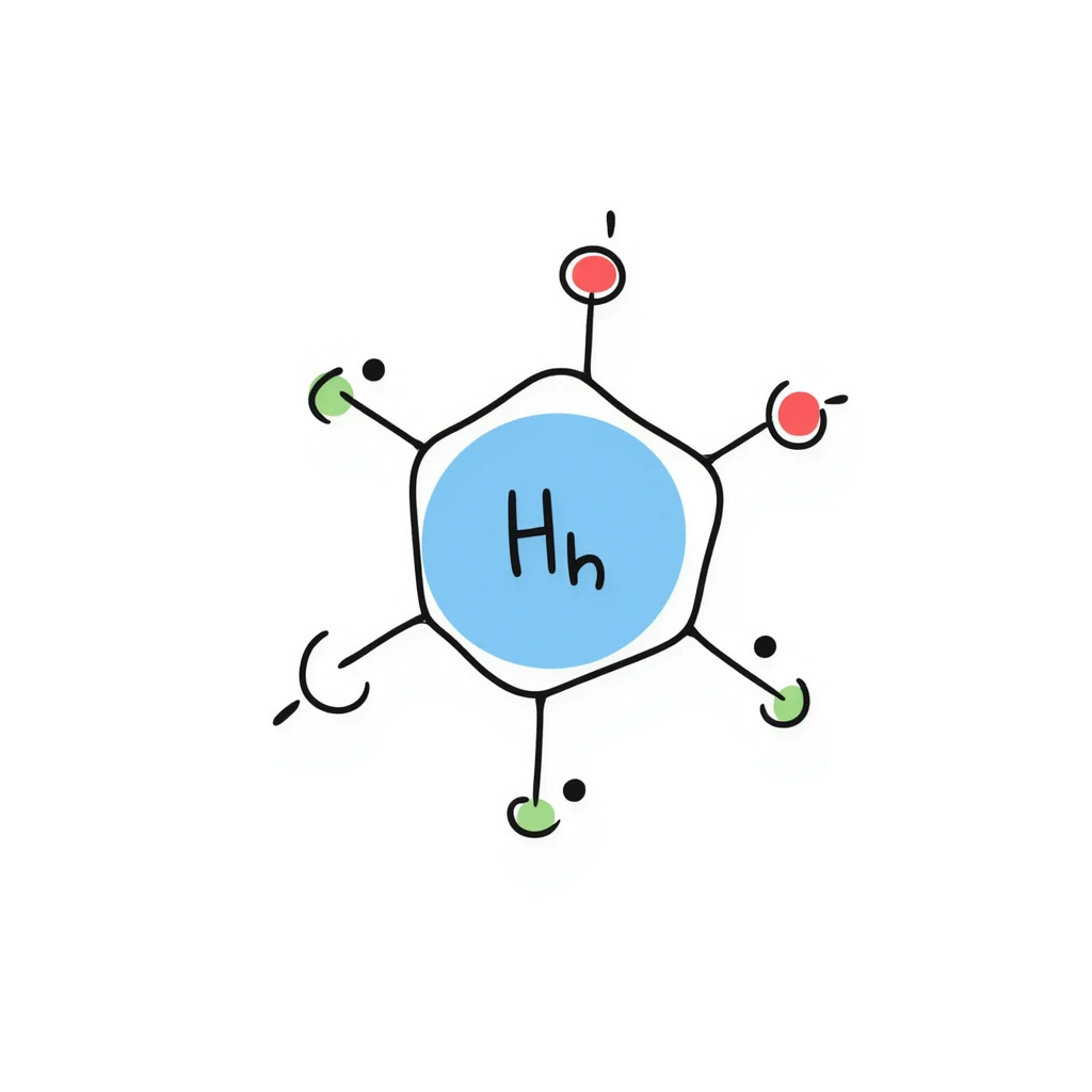 Clean hormone molecule diagram: large blue hormone icon in center with geometric molecular structure, red receptor binding sites, and neat green arrows showing action pathway. Simple hand-drawn illustration with minimal background and organized layout. emoji