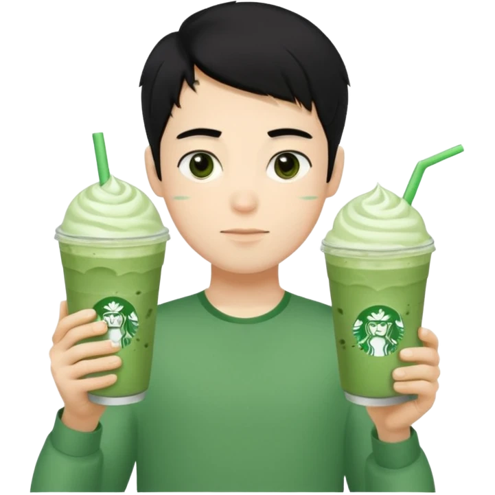 black hair boy take two ice matcha latte emoji