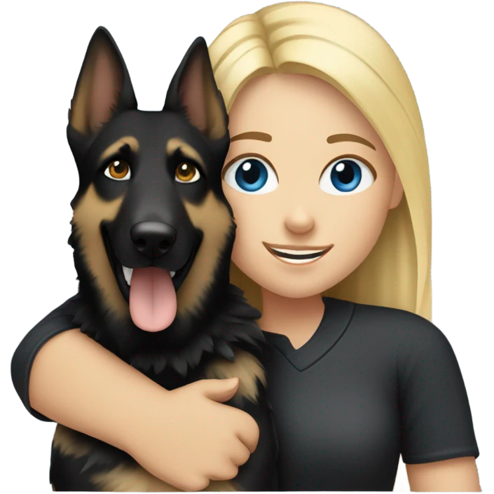 blonde girl who has blue eyes hugging an all black female german shepherd  emoji