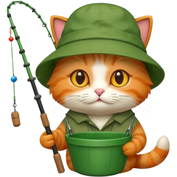 cat holding fishing rod with bucket hat green emoji