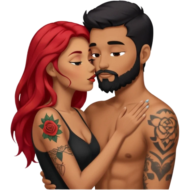 Long red hair woman kissing man with tan skin, short black hair, beard, & tattoos emoji
