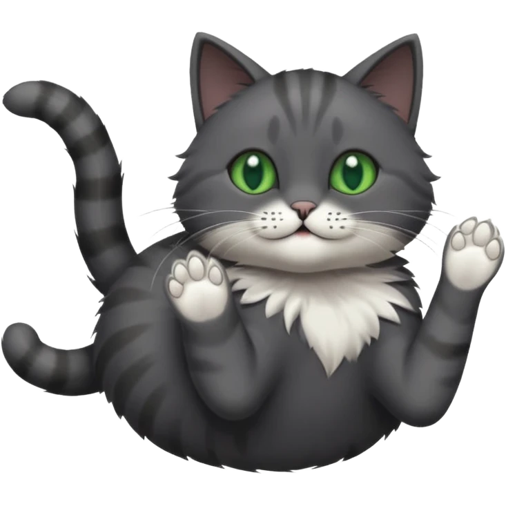 solid dark grey cat with green eyes, completely solid grey face, white toes/paws playing rolling upside down emoji