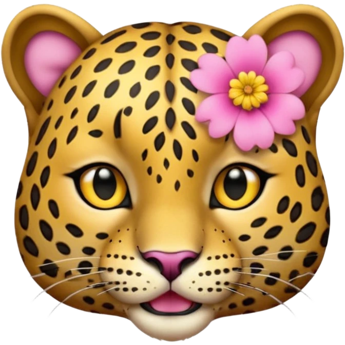 A leopard with mouth closed, A pink flower with a yellow center is tucked behind its right ear
 emoji