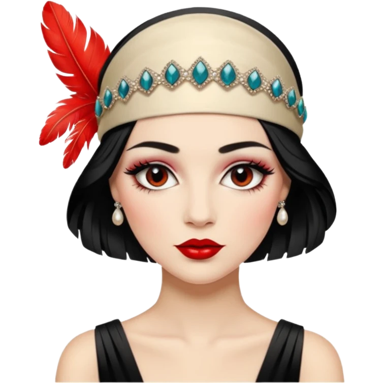 1920s woman, jazz age, feathered headband, glamorous makeup emoji