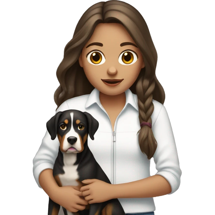 pale girl with long brunette hair holding a swiss mountain dog emoji