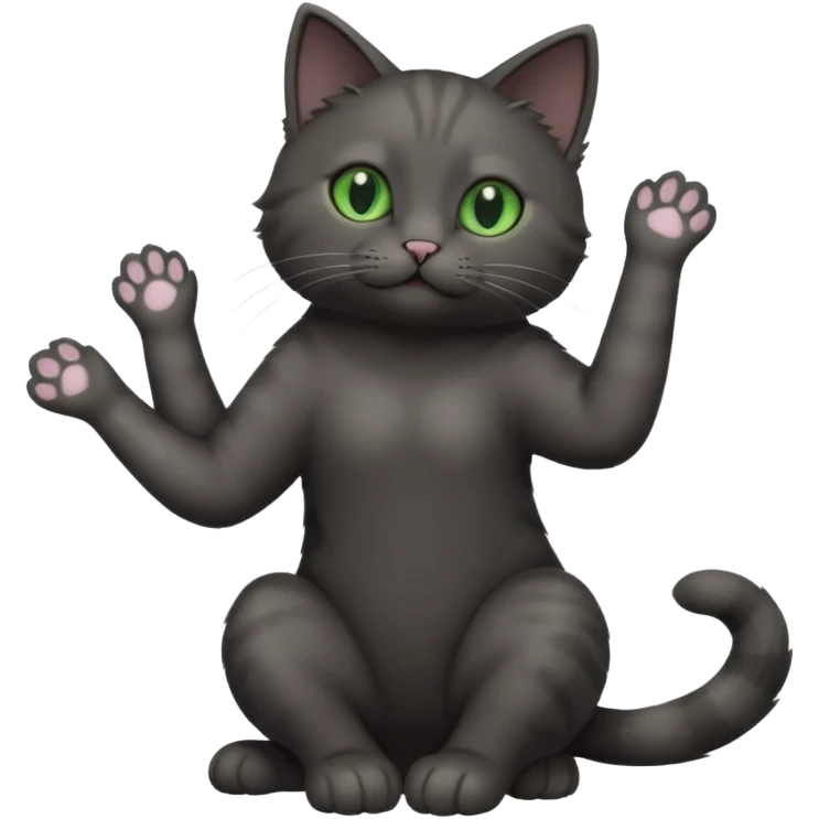 full body gorgeous solid dark grey cat with green eyes, white paws and white whiskers stretching like a cat emoji