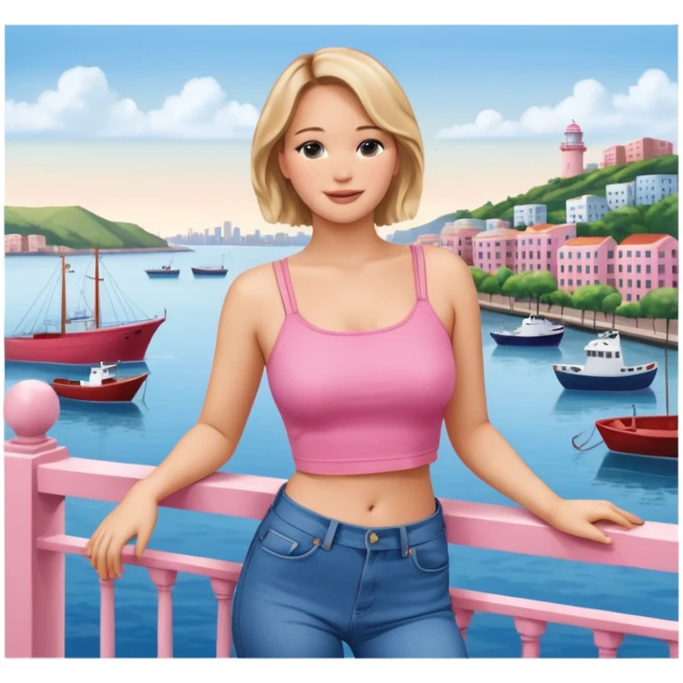 jennifer lawrence, pink crop top, and blue jeans, leaning on a balcony with a harbor and cityscape in the background, smiling emoji