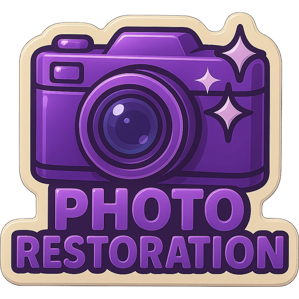 Retro logo for photo restoration featuring a vintage camera and sparkles, changed to purple color style, no background. emoji