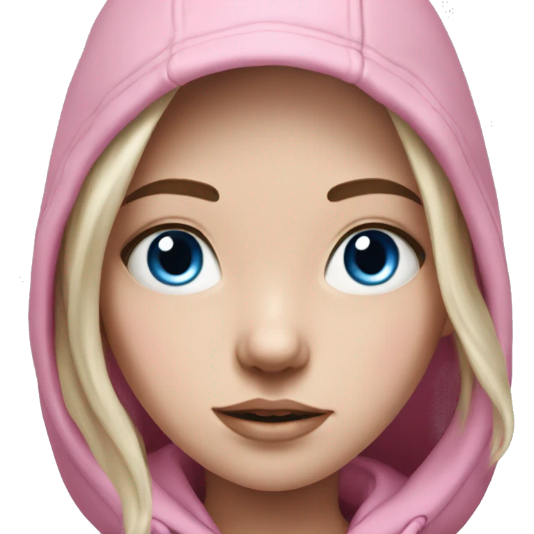 Hyperrealistic pale girl with black hair and blue eyes in a pink hoodie emoji