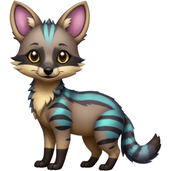 Cute adorable iridescent kawai Shiny Colorful Dusky Dark Gloomy Glossy Aardwolf-Genet-Bobcat-fusion-animal-hybrid-creature, full body emoji