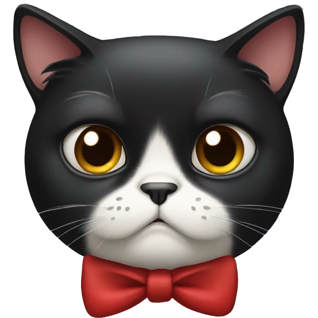 Grumpy Black cat with mostly black face but white chin, wearing red Bow tie emoji