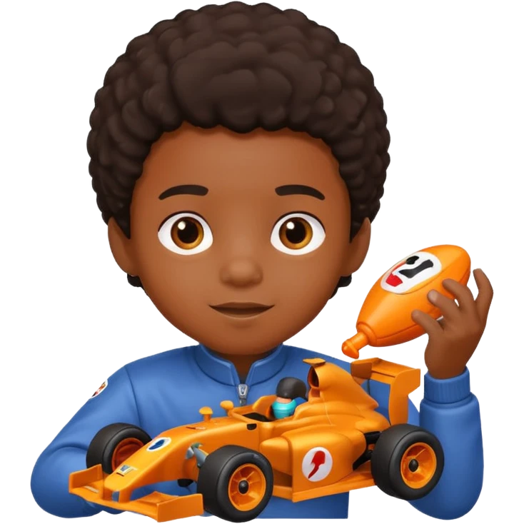 black kid playing orange colored formula 1 toy emoji