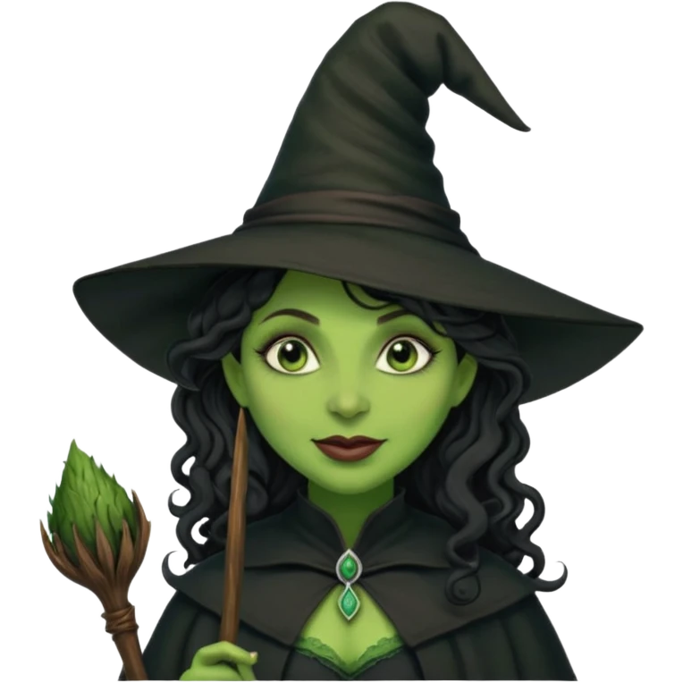 elphaba the wicked witch from wicked movie (cynthia erivo) dark long curly hair, thick lips, wide nose, green skins, witch hat, witch broom, evil, wicked musical film, evil smirk evil scary cynthia erivo emoji