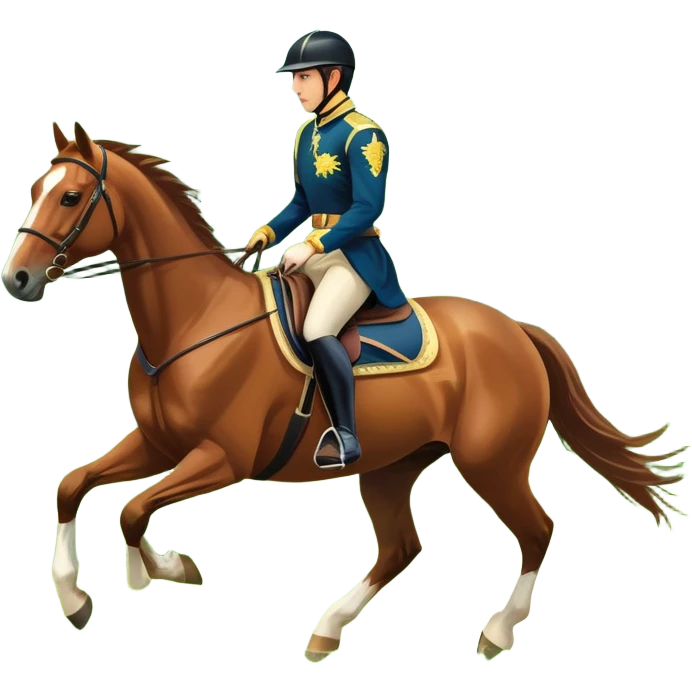 An icon featuring a horse and rider galloping gracefully over a lush green field. The rider is in full gear, guiding the horse with precision. The background shows rolling hills, a clear blue sky, and vibrant sunlight illuminating the scene. Transparent background highlights the elegance emoji