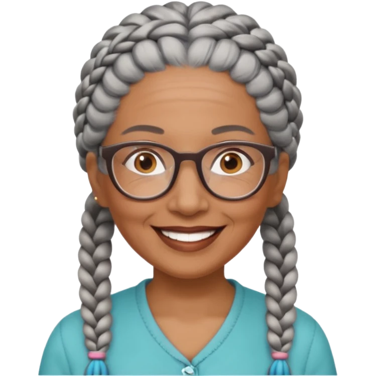 Older woman of color with gray braids, glasses and smiling emoji