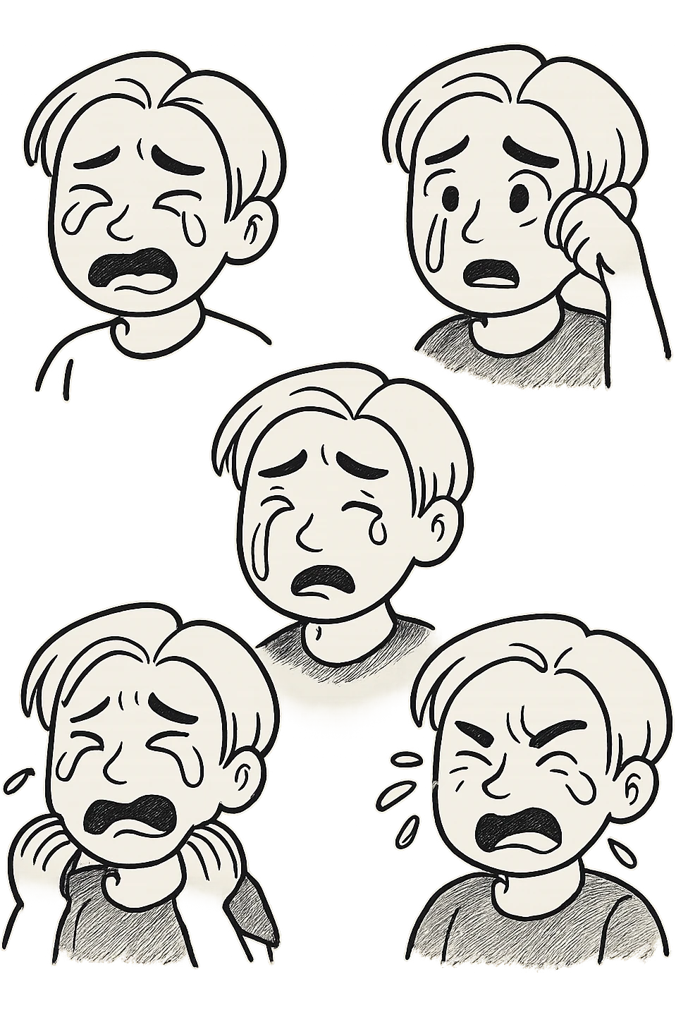 Redraw this character in five different variations, each crying but with different tears, facial expressions, and crying styles. Keep the character recognizable. Transparent background. emoji