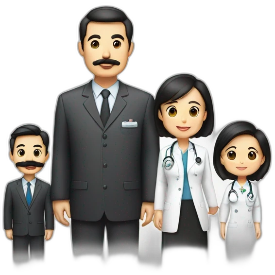 father middle age with dark brown hair and mustache and trimmed beard wearing a suit, mother asian middle age with black shoulder length hair wearing a nurse uniform emoji