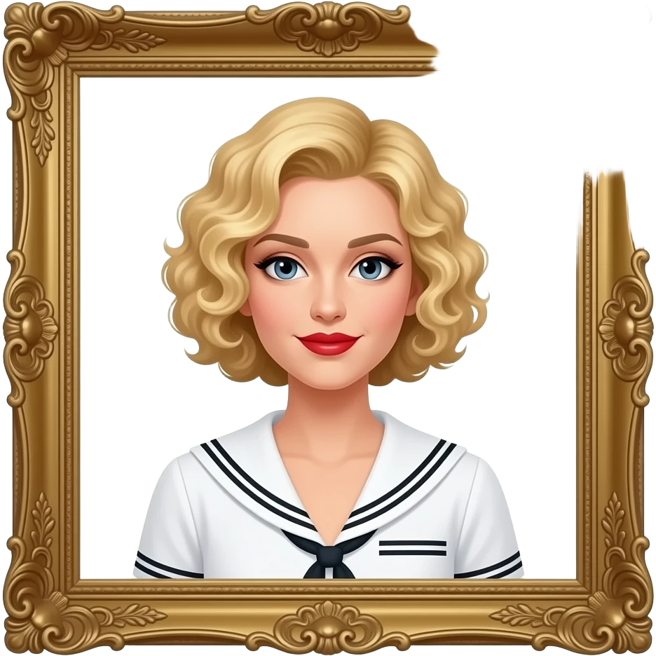 short blonde tight curly hair bob inside an antique frame in red lipstick and white and black boat blouse emoji