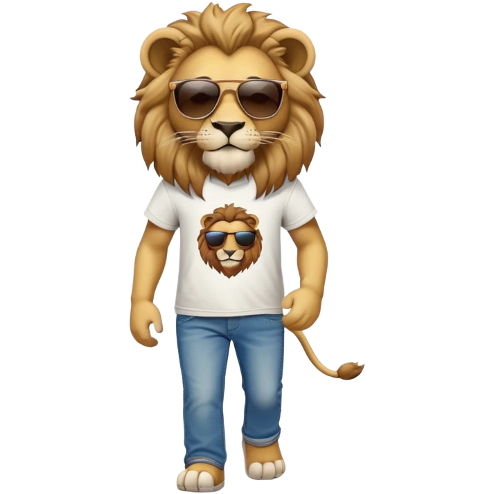 anthropomorphised lion in t-shirt and jeans wearing sunglasses walking upright emoji