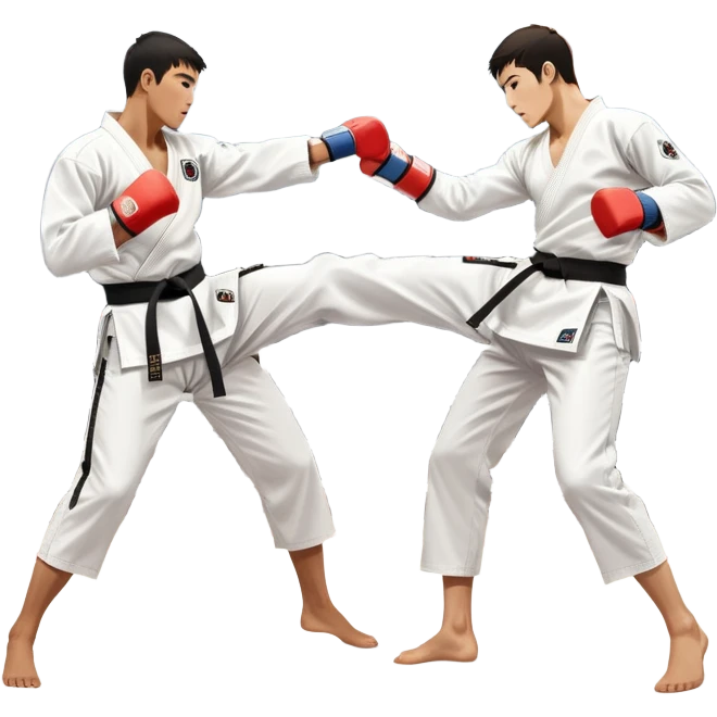 Two taekwondo fighters in traditional white doboks with black belts. One delivers a powerful kick, while the other defends by blocking with his knee. The background shows a professional arena with bright lights and an excited crowd. Transparent background highlights the intense action emoji