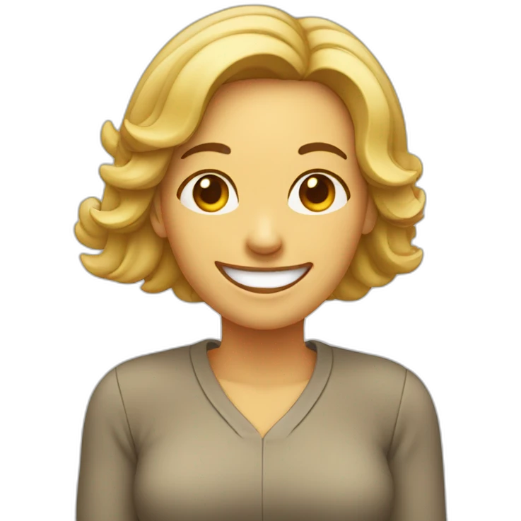 Woman with wide smile pointing to her temple in the head emoji